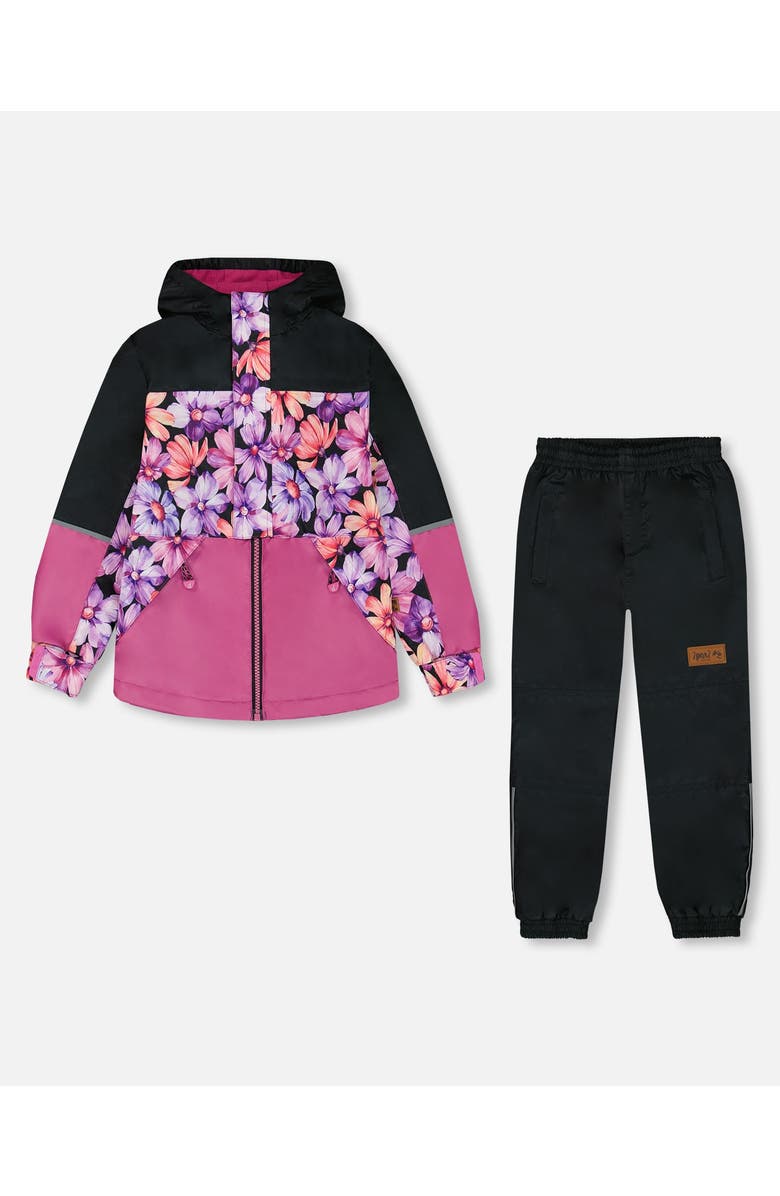 Deux par Deux Girl's Two-Piece Mid-Season Outerwear Set Black With Pink And Orange Flowers, Main, color, 