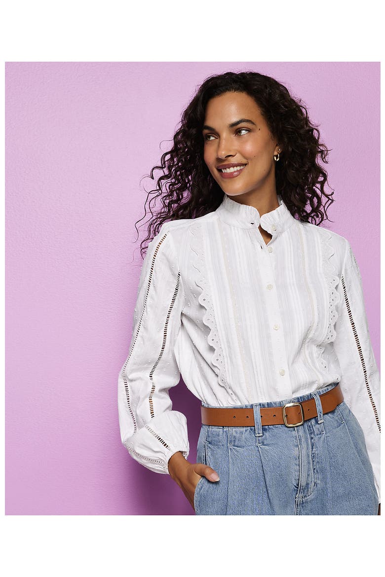 Ruffle Neck Button Front Shirt, Alternate, color, White