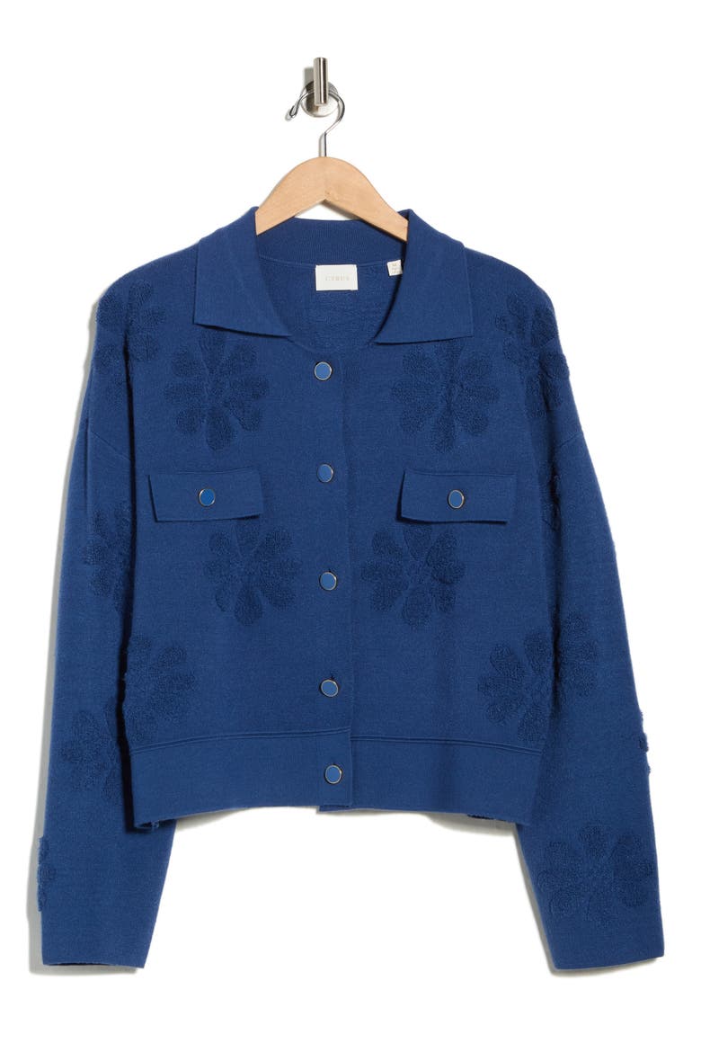 Floral Textured Sweater Jacket, Alternate, color, SEAPORT HEATHER
