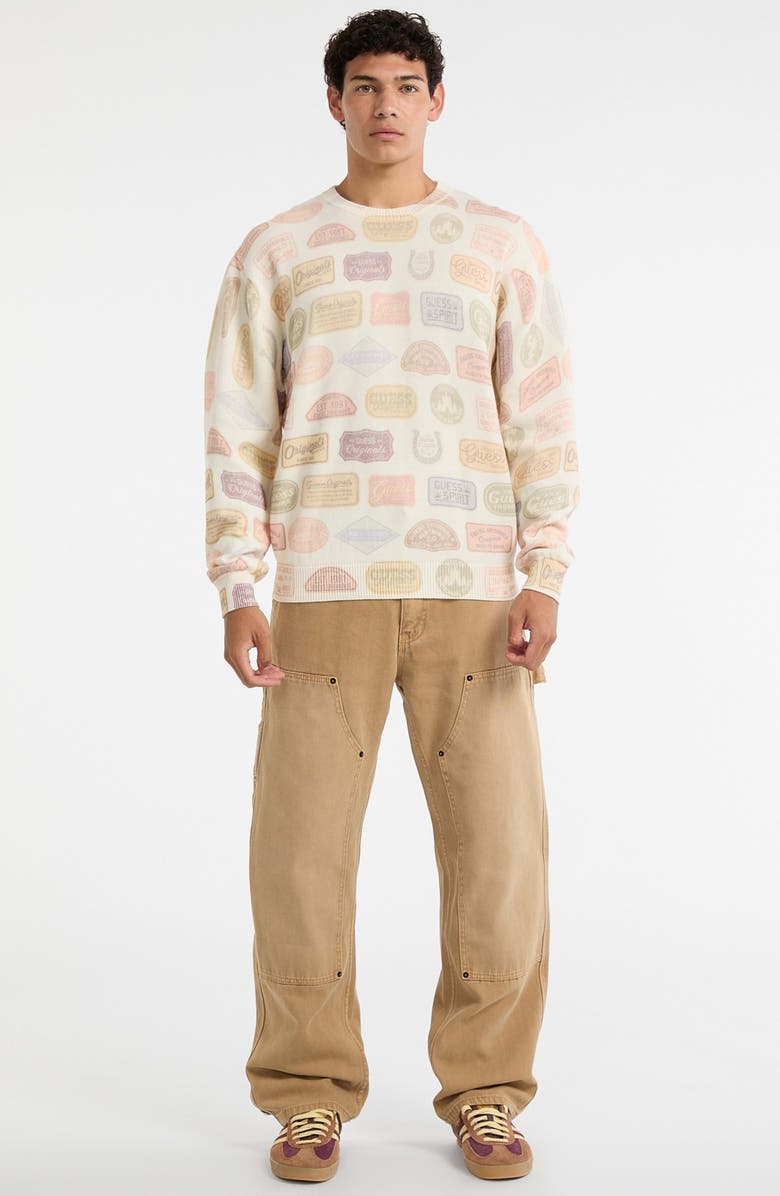 GUESS ORIGINALS Stamp Print Organic Cotton Sweater, Alternate, color, Ivory Multi