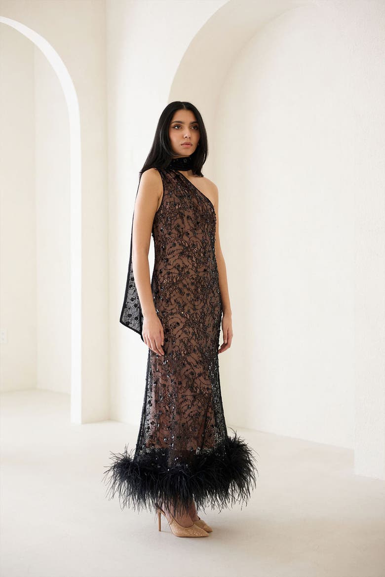 Liya Shadow Lace Feather Dress, Alternate, color, Black Lace