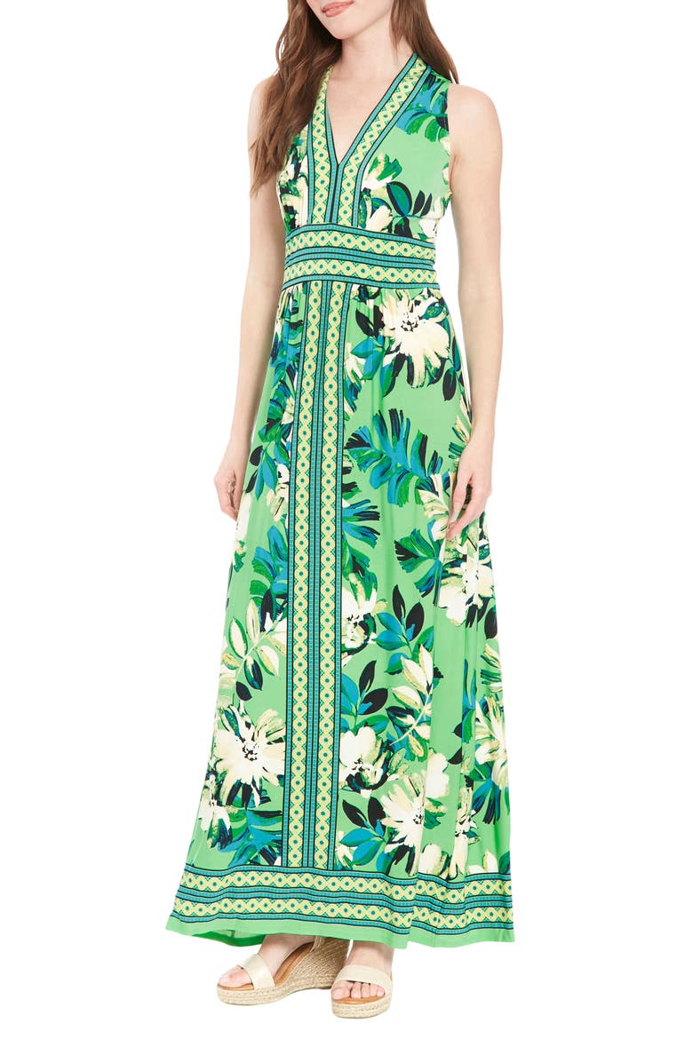 Floral V-Neck Sleeveless Maxi Dress, Alternate, color, GREEN TEAL