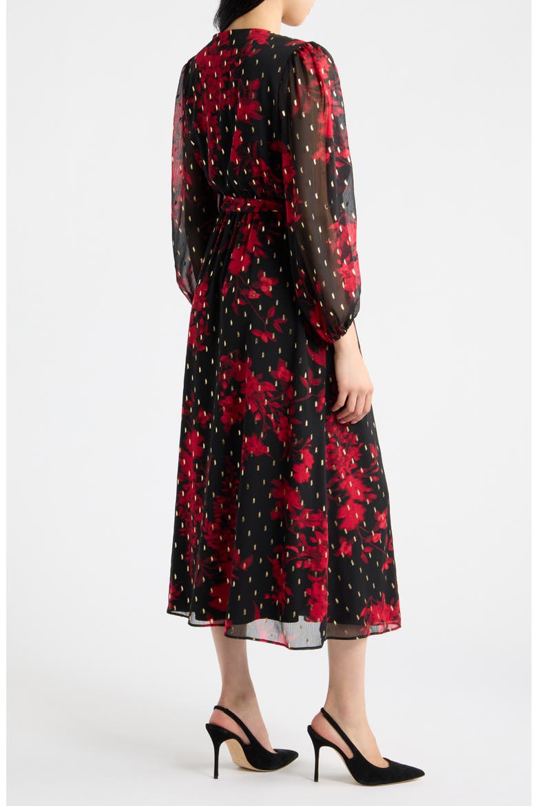 V-Neck Gathered Sleeve Midi Dress, Alternate, color, TITIAN RED MULTI