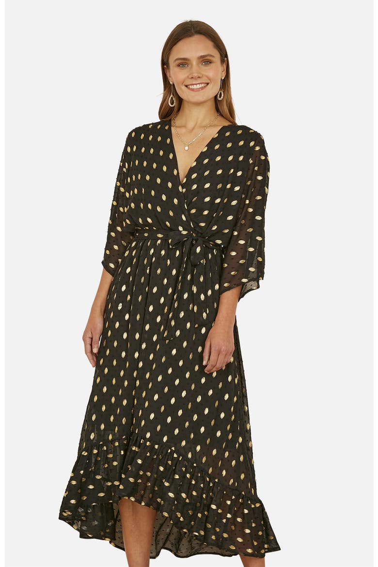 Foil Print Wrap Over Dress, Alternate, color, Black