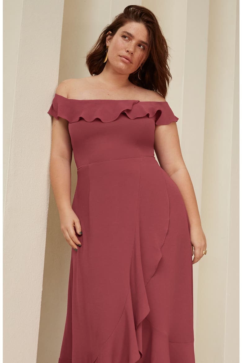 Off the Shoulder Ruffle High/Low Dress, Alternate, color, MERLOT