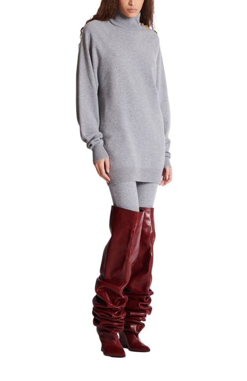 Balmain Cashmere Wool Turtleneck Dress Gold Button Detail In Gray