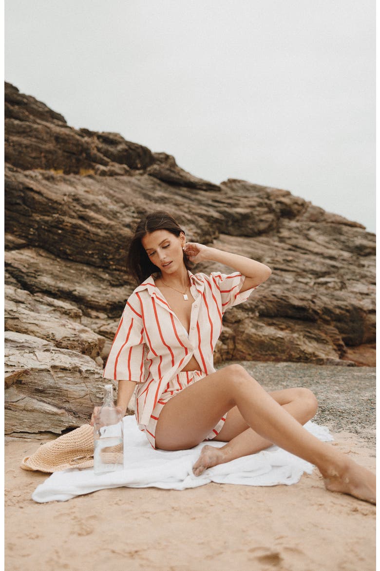Myles Cotton Button-Up Shirt & Shorts Set, Alternate, color, RED STRIPE
