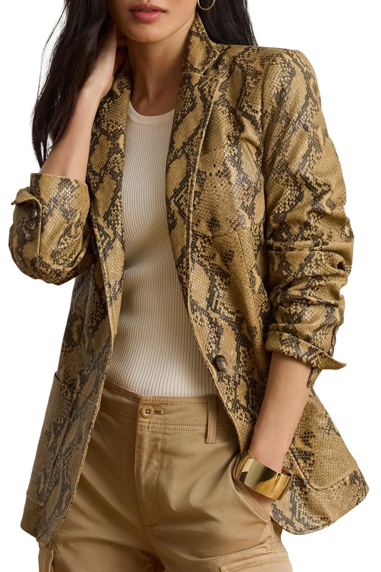Snake Embossed Leather Blazer, Main, color, BEIGE
