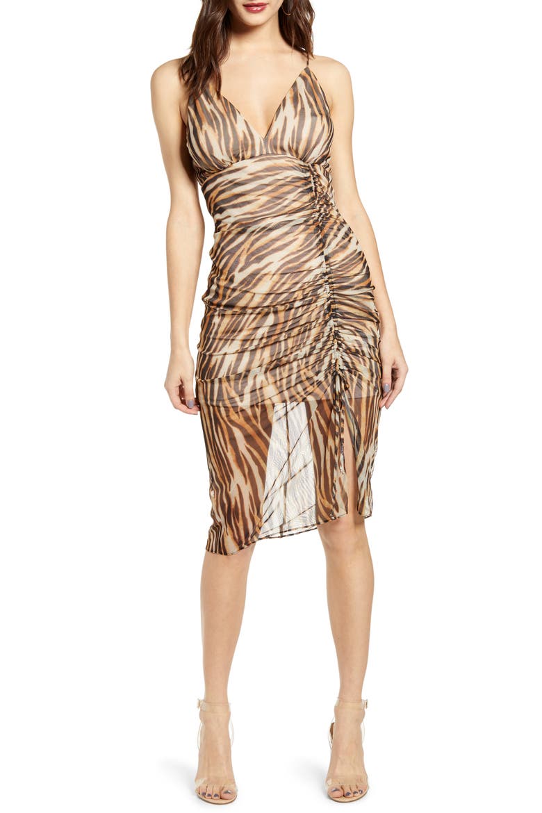 Animal Print Ruched Mesh Body-Con Dress, Main, color, KHAKI BLACK TIGER