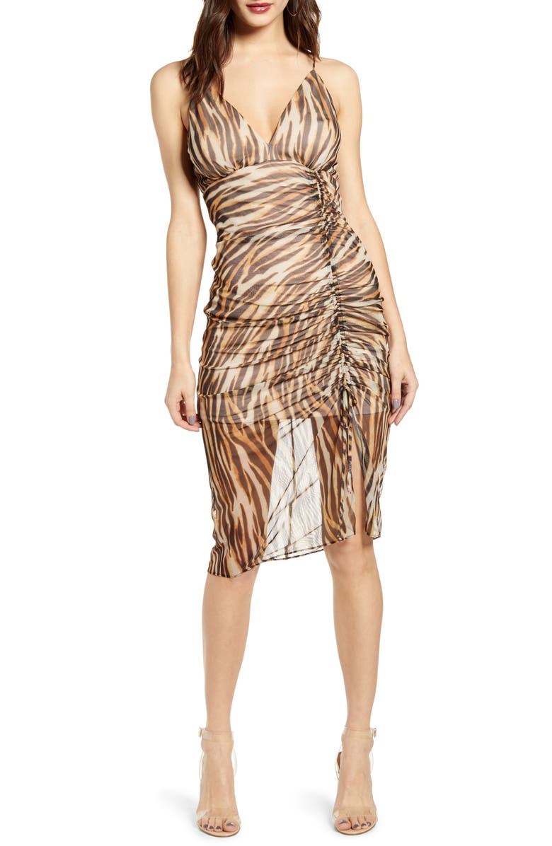 Socialite Animal Print Ruched Mesh Body-Con Dress, Main, color, 