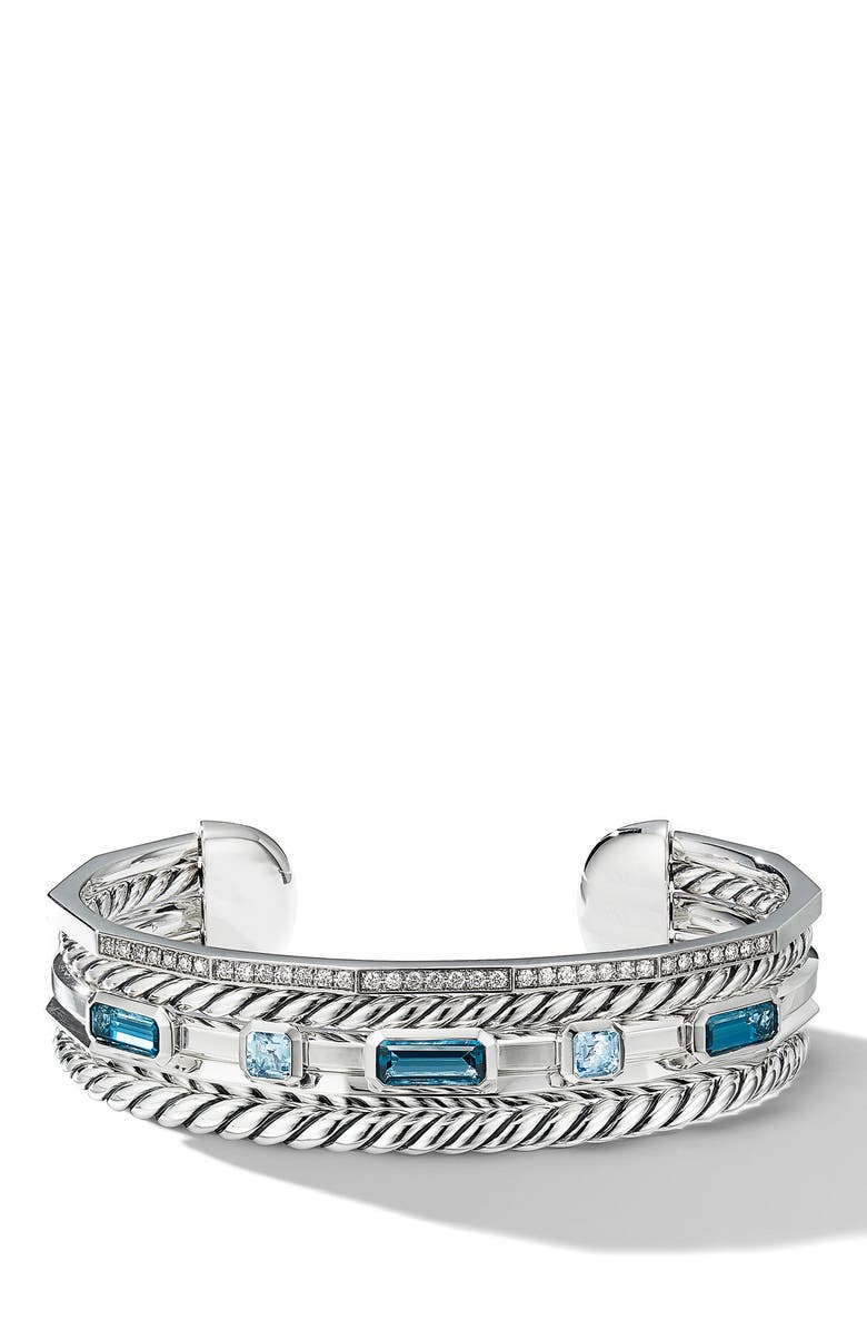 David Yurman Stax Narrow Cuff Bracelet with Hampton Blue Topaz & Diamonds, Main, color,