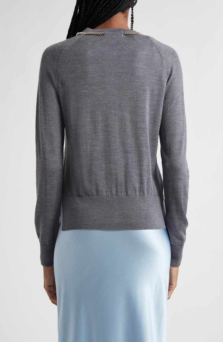 Simone Rocha Classic Long Sleeve Merino Wool & Silk Cardigan with Faux Pearl Detail, Alternate, color, Charcoal/ Pearl