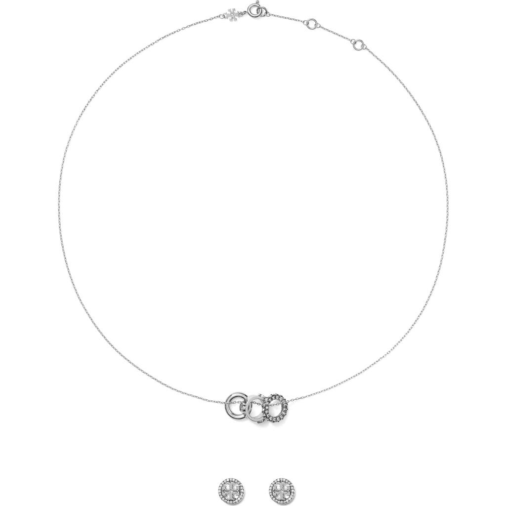 Tory Burch Miller Pavé Stud Earrings & Necklace Set In Metallic