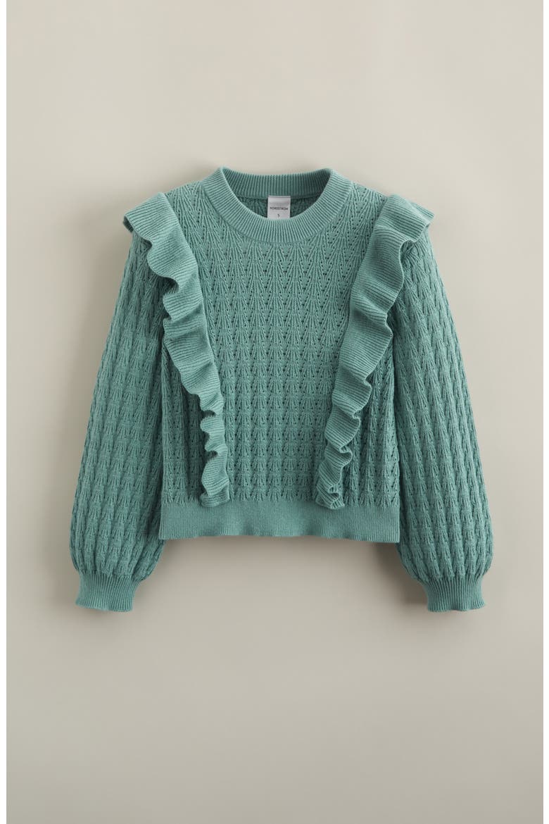 Kids' Ruffle Cotton Pointelle Sweater, Main, color, GREEN WING