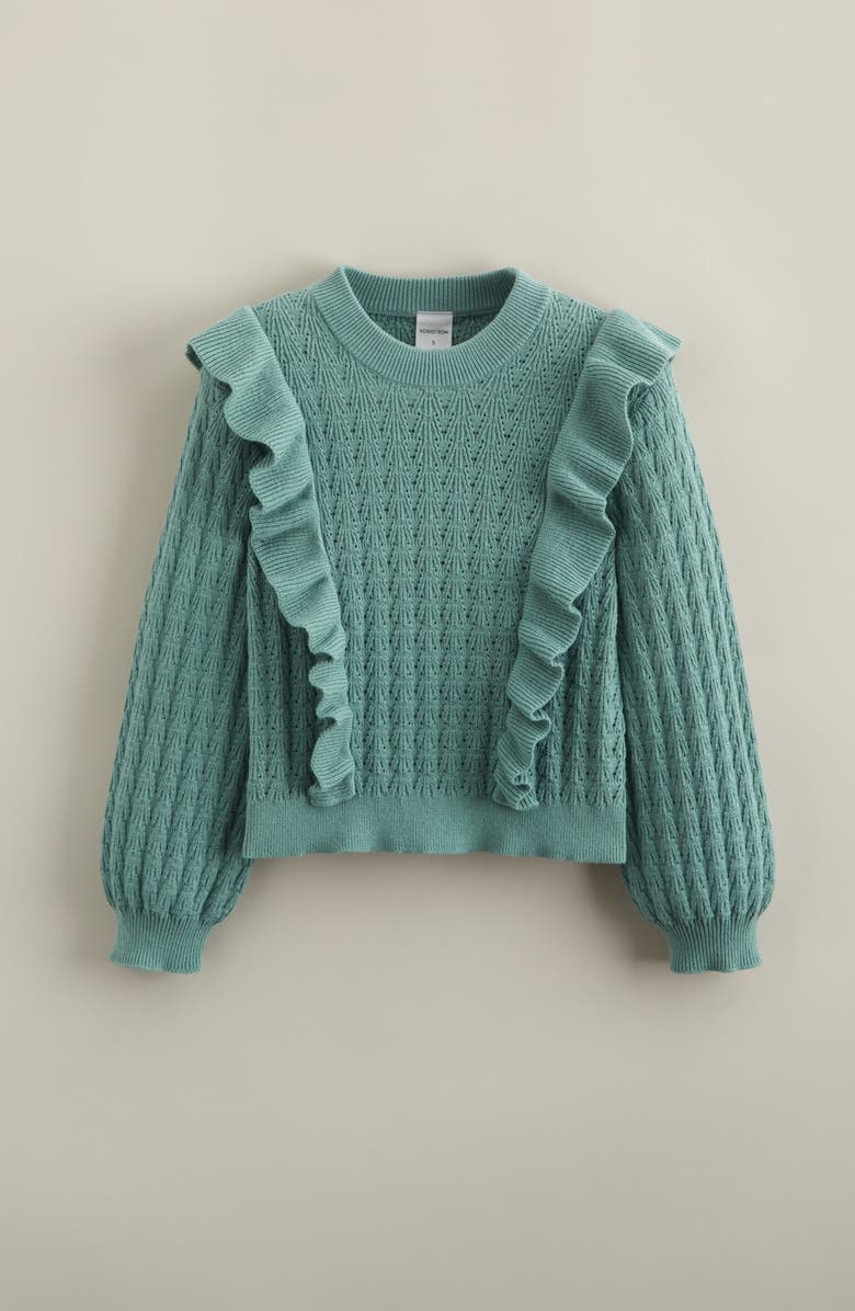 Nordstrom Kids' Ruffle Cotton Pointelle Sweater, Main, color, Green Wing
