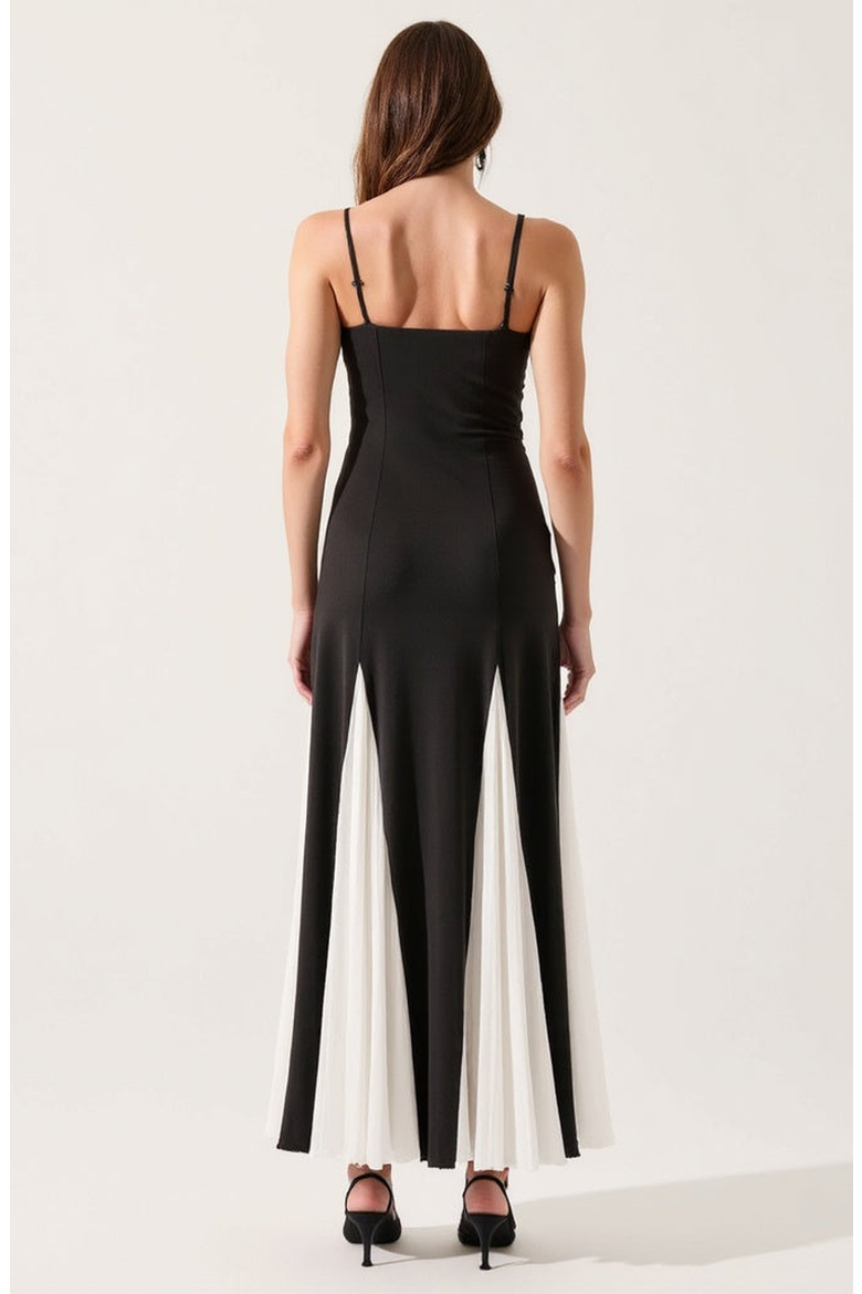 Spaghetti Strap Bustier Maxi Dress with Pleated Contrast Panels, Alternate, color, Black / White