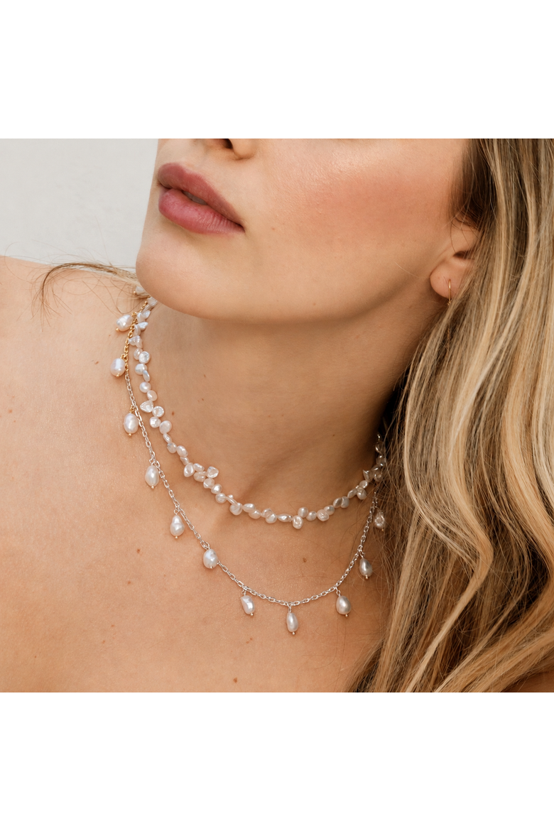 White Freshwater Cultured Keshi Pearl Jasmine Necklace for Women, Alternate, color, Sterling Silver