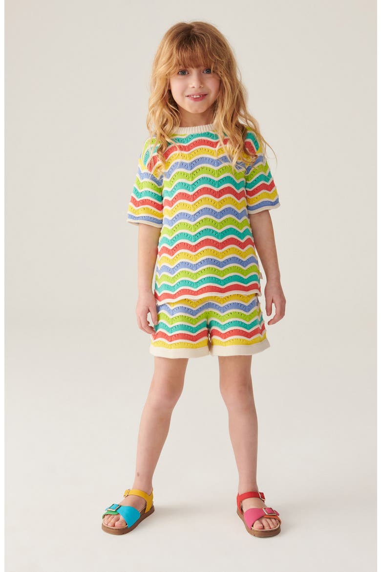 Kids' Rainbow Stripe Cotton Knit Shirt & Shorts Set, Main, color, MULTI WAVE
