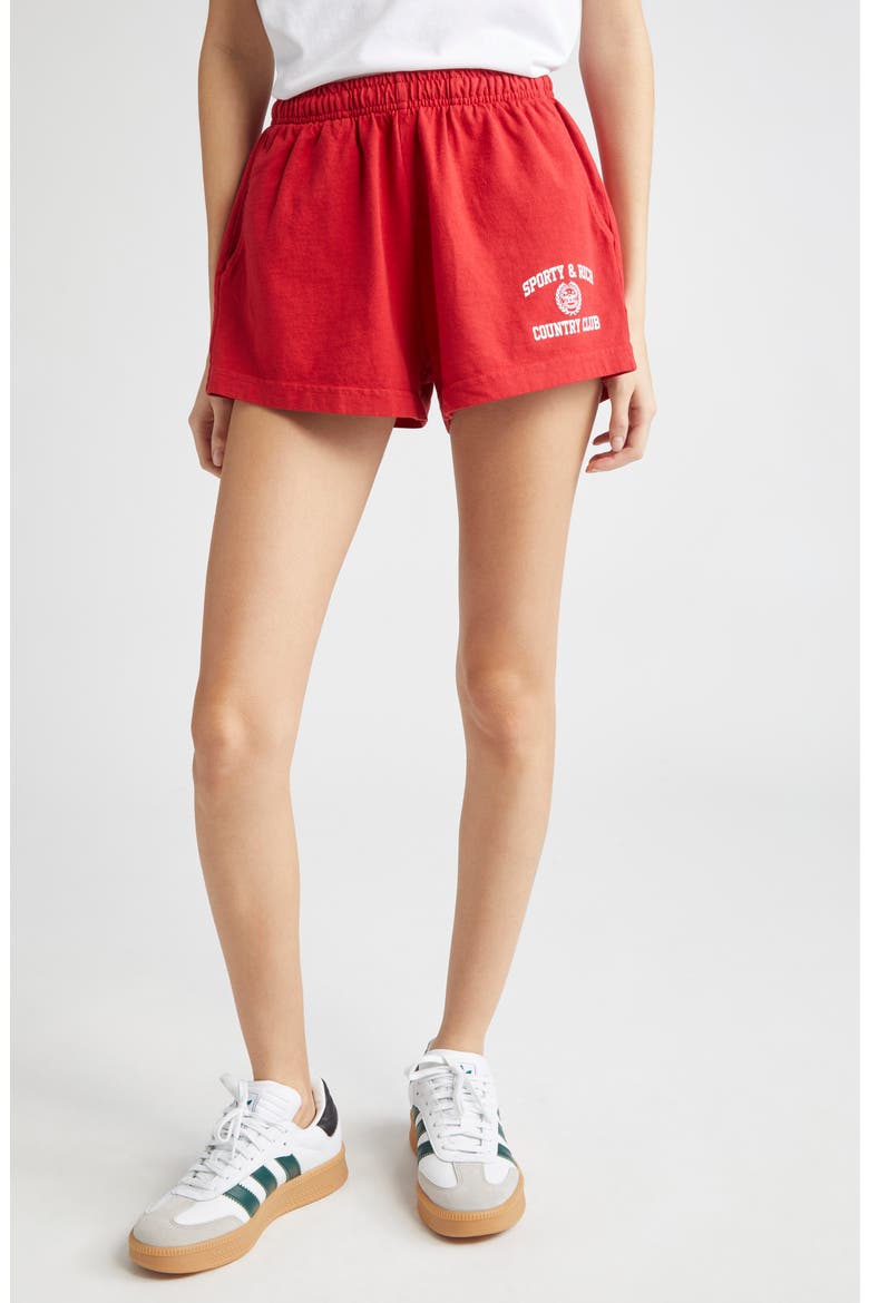 Varsity Crest Disco Graphic Shorts, Main, color, MEDIUM RED