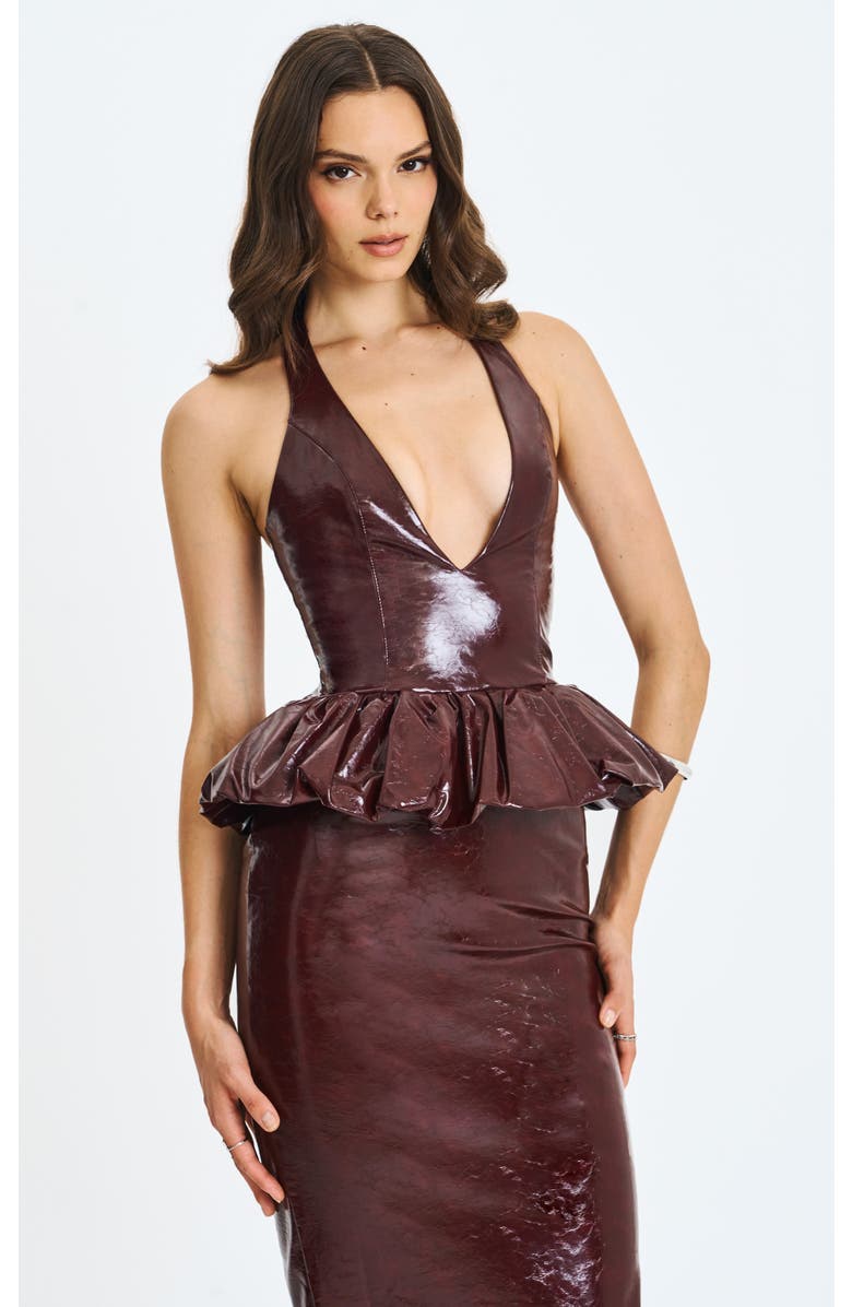 Miss Circle Jaslene Ruched Peplum Plunge Halter Midi Dress, Alternate, color, Mahogany