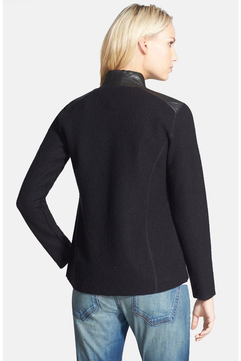 Leather Trim Merino Wool Jacket, Alternate, color, BLACK