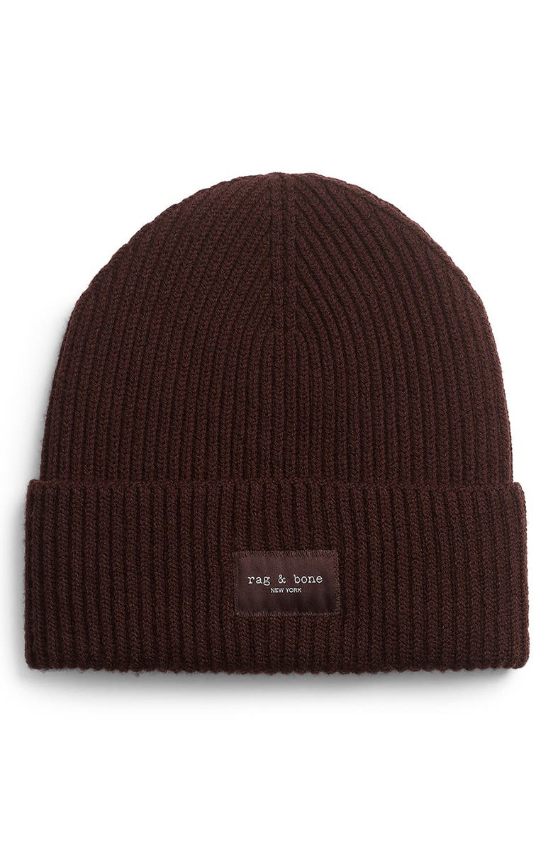 rag 
bone Blake Logo Patch Wool Blend Rib Beanie, Main, color, Chocobro