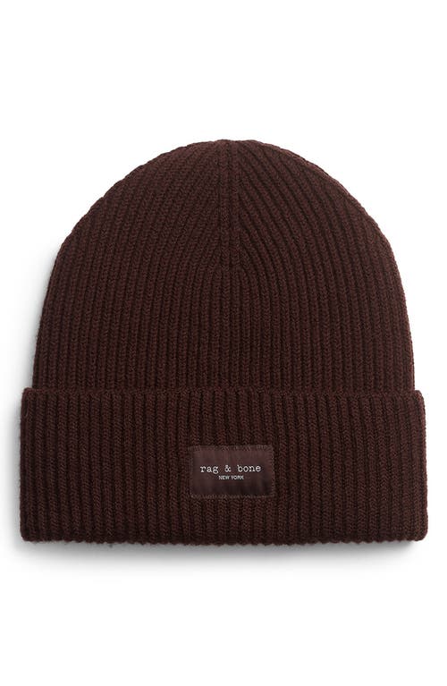 Rag & Bone Blake Logo Patch Wool Blend Rib Beanie In Brown