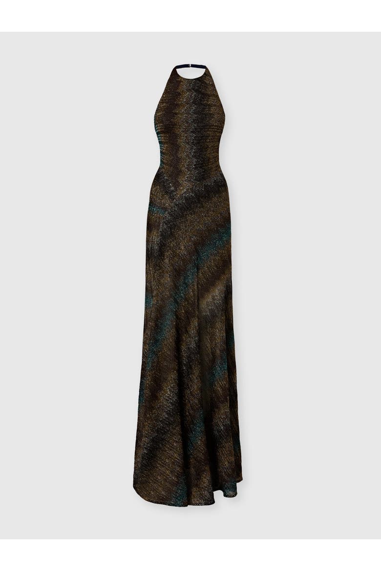 Long Dress With Halterneck In Viscose Lamé Snake Motif, Main, color, Dark Blue