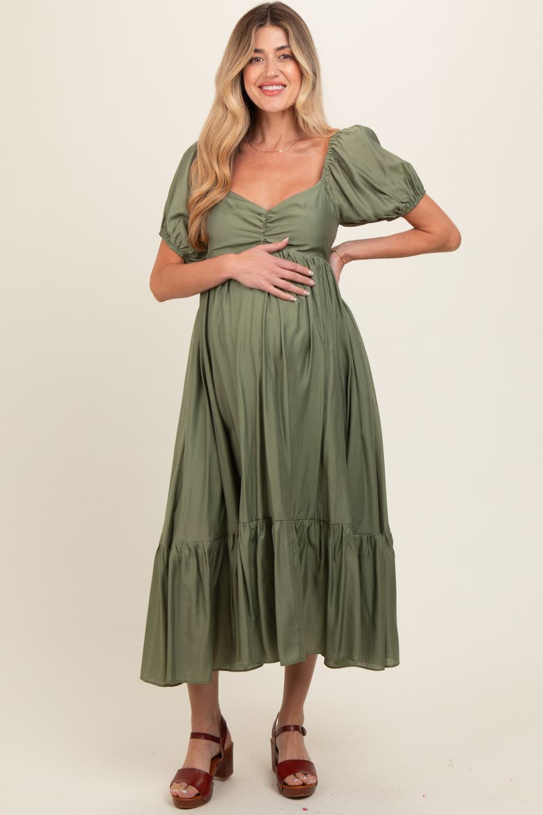 Ruched Sweetheart Neck Tiered Midi Dress, Alternate, color, Olive Green