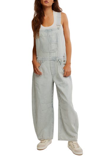 Free People Good Luck Stripe Barrel Leg Overalls