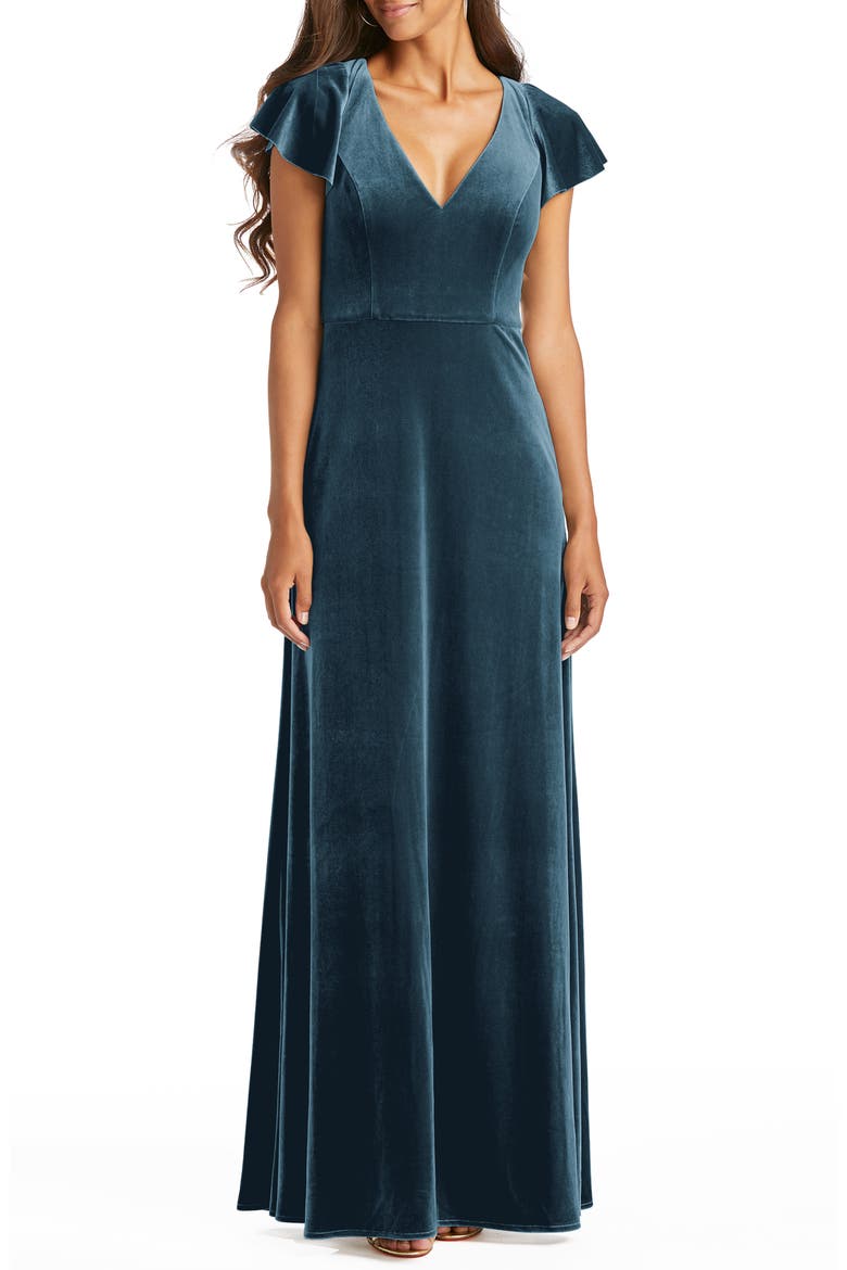 Flutter Sleeve Velvet Gown, Main, color, DUTCH BLUE
