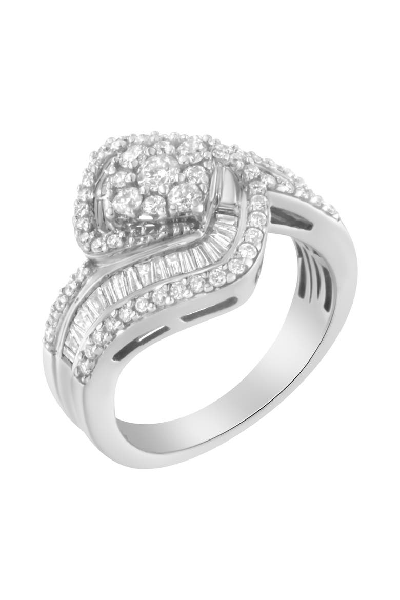 14K White Gold 1 Cttw Baguette and Round Diamond Floral Swirl Cluster Cocktail Ring, Alternate, color, White Gold