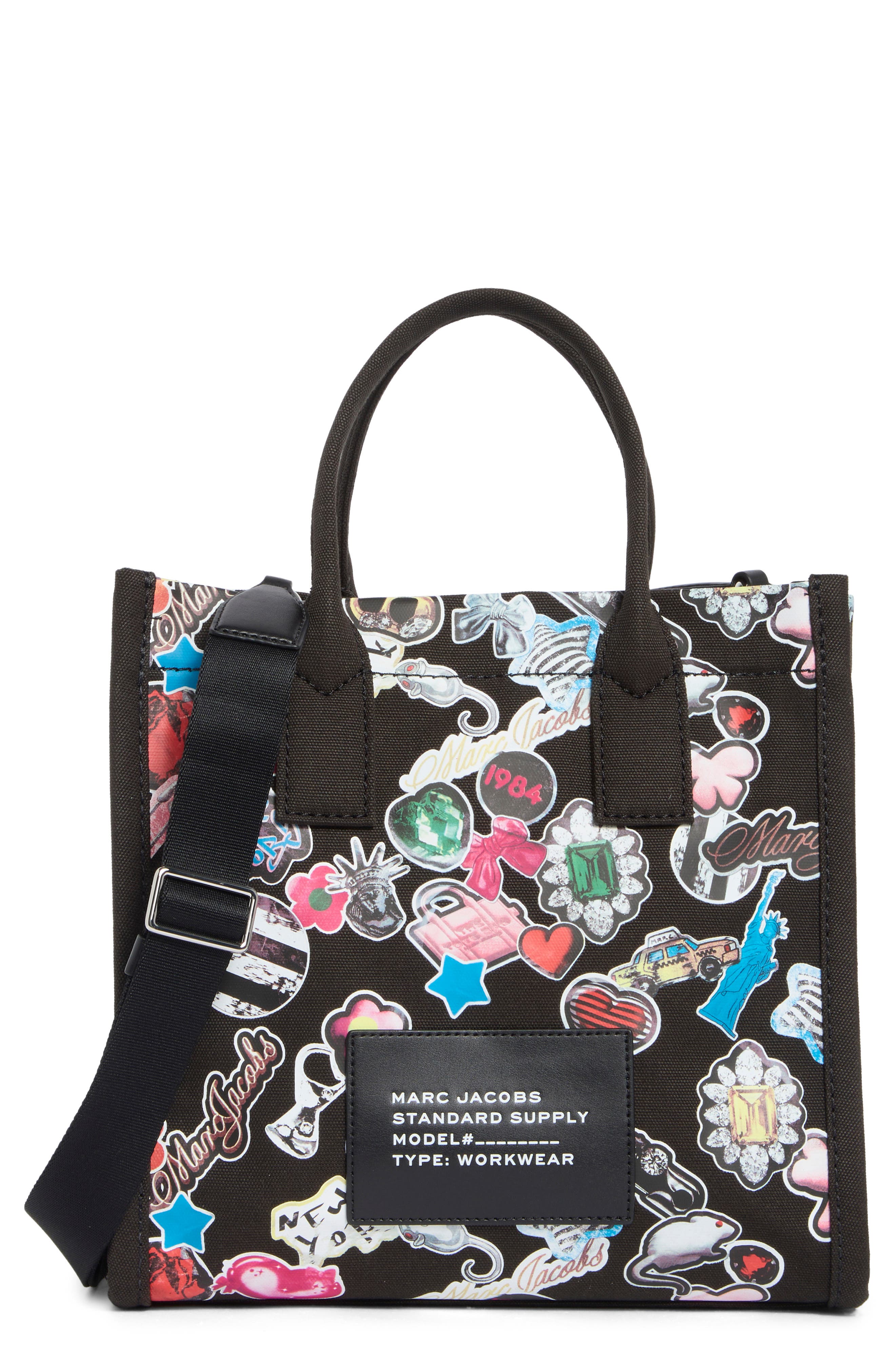 Marc Jacobs Sticker Print Canvas Tote, Main, color, Black Multi
