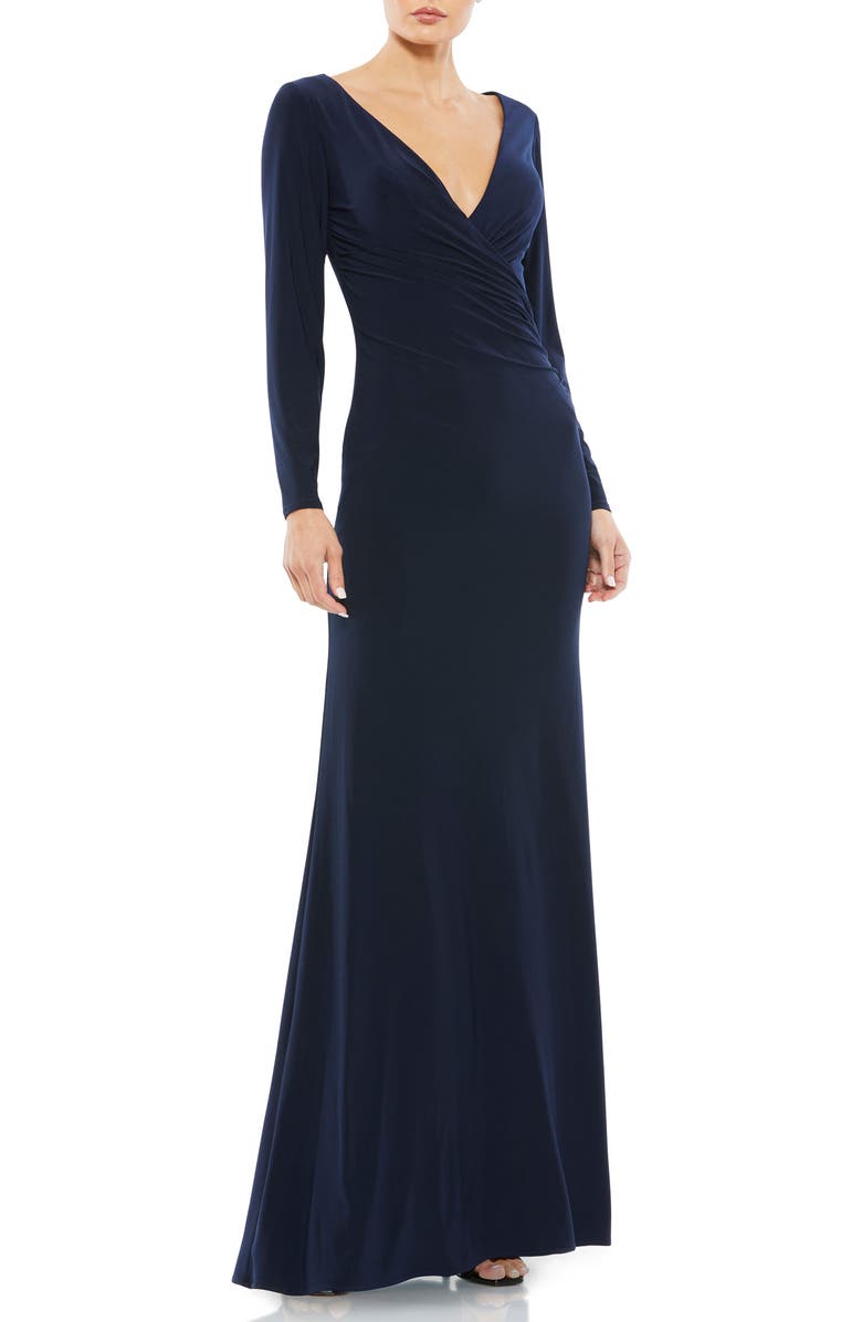 Mac Duggal Long Sleeve Ruched Jersey V-Neck Gown, Main, color, Midnight