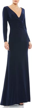 Mac Duggal Long Sleeve Ruched Jersey V-Neck Gown