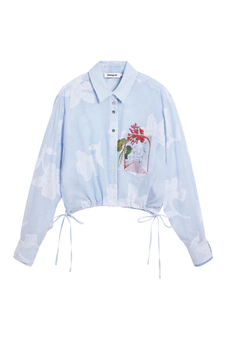 Floral Print Drawstring Crop Button-Up Top, Alternate, color, BLUE