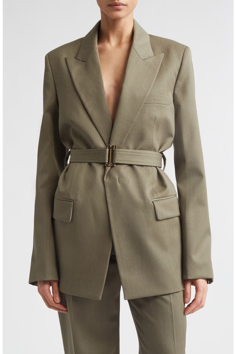 Tailored Belted Wool Blend Twill Jacket, Main, color, SAGE MELANGE