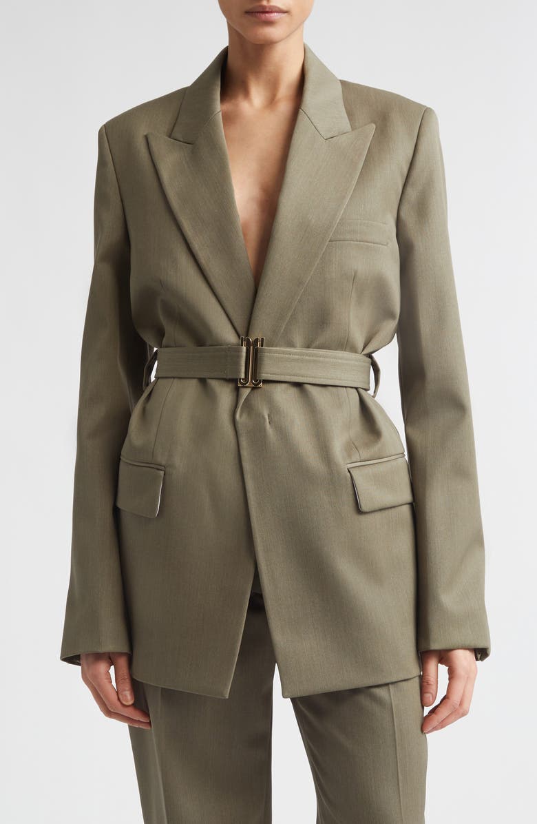 Victoria Beckham Tailored Belted Wool Blend Twill Jacket, Main, color, Sage Melange
