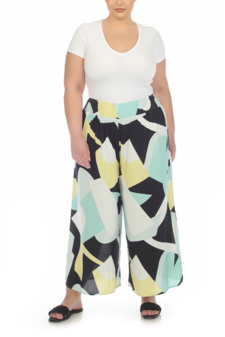 Patterned Smocked Pull-On Pants, Alternate, color, YELLOW-AQUA PRINT