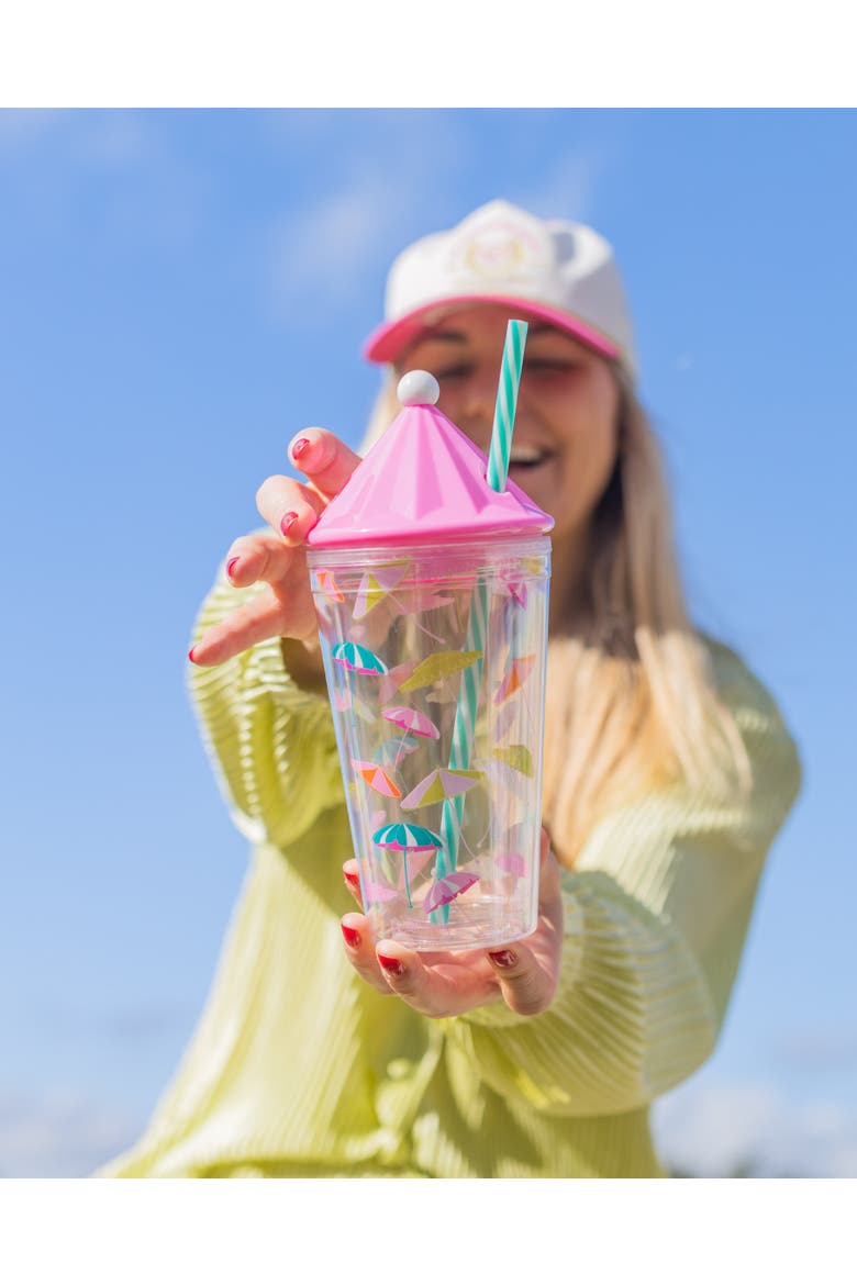 Umbrella Print Drink Tumbler | 18 oz Beach-Inspired Reusable Sipper Cup with Straw and Umbrella Lid | 9.25x4.25 Inch, Alternate, color, Multicolor