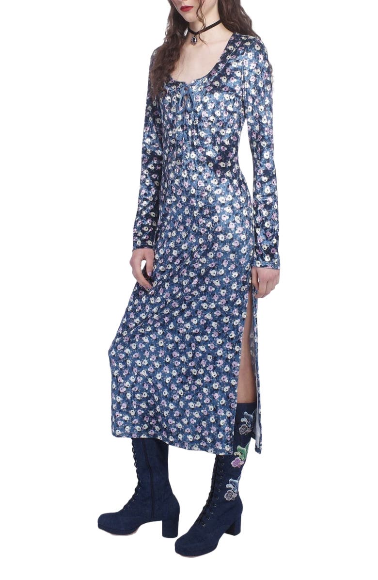 Anna Sui Posie Stretch Velvet Long Dress, Alternate, color, Cornflower Multi
