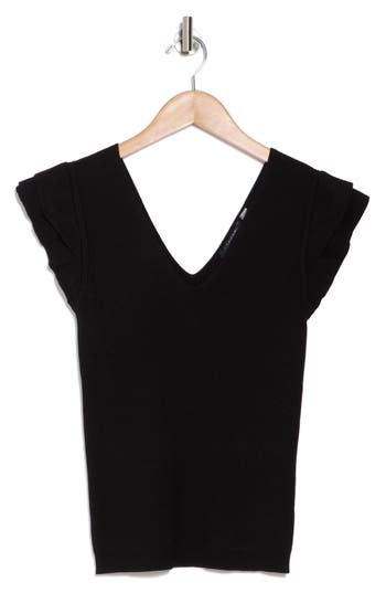 T Tahari Ruffle Sleeve Fitted Sweater In Black