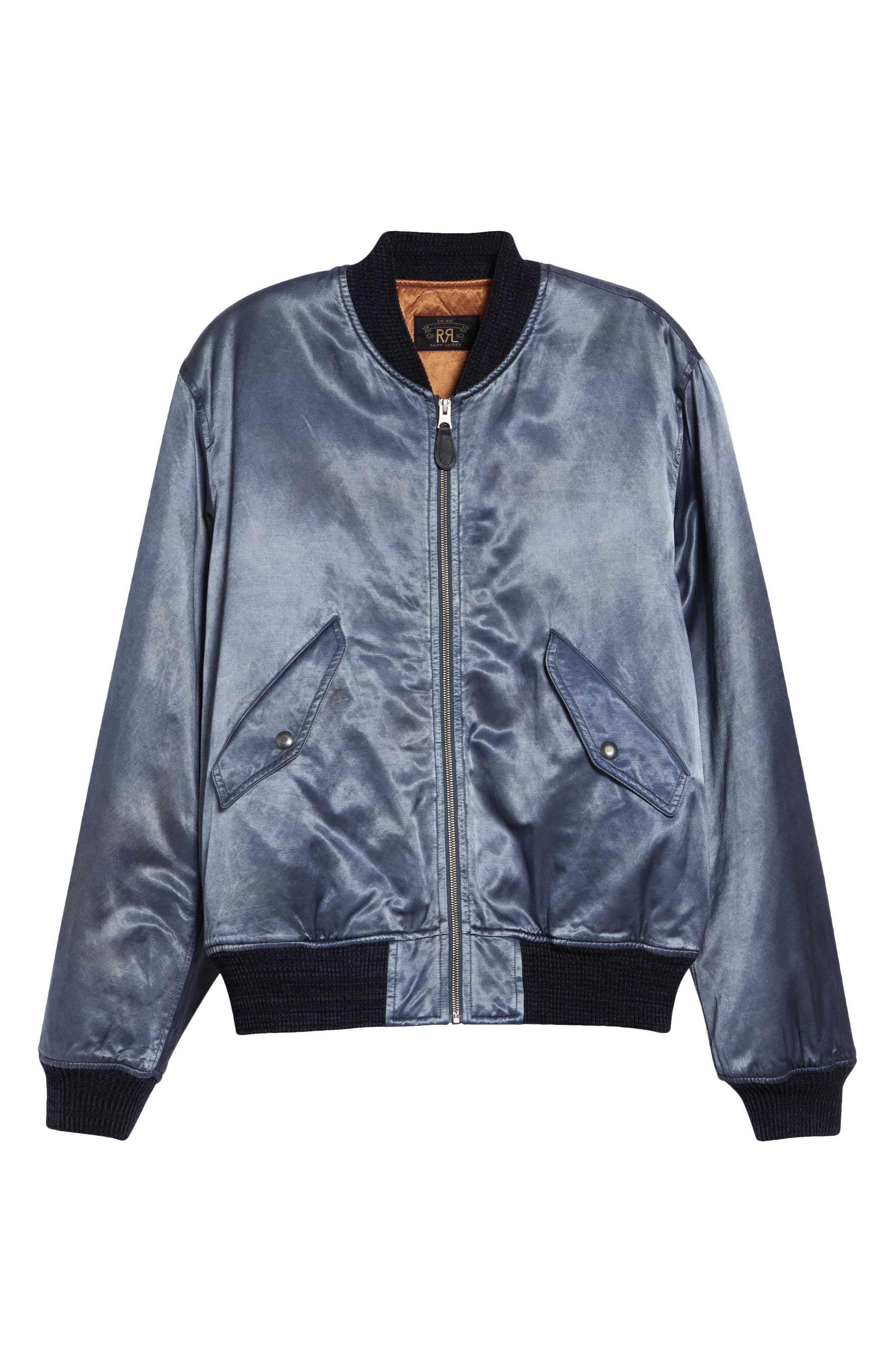 Double Rl Quilted Embroidered Satin Flight Jacket In Blue
