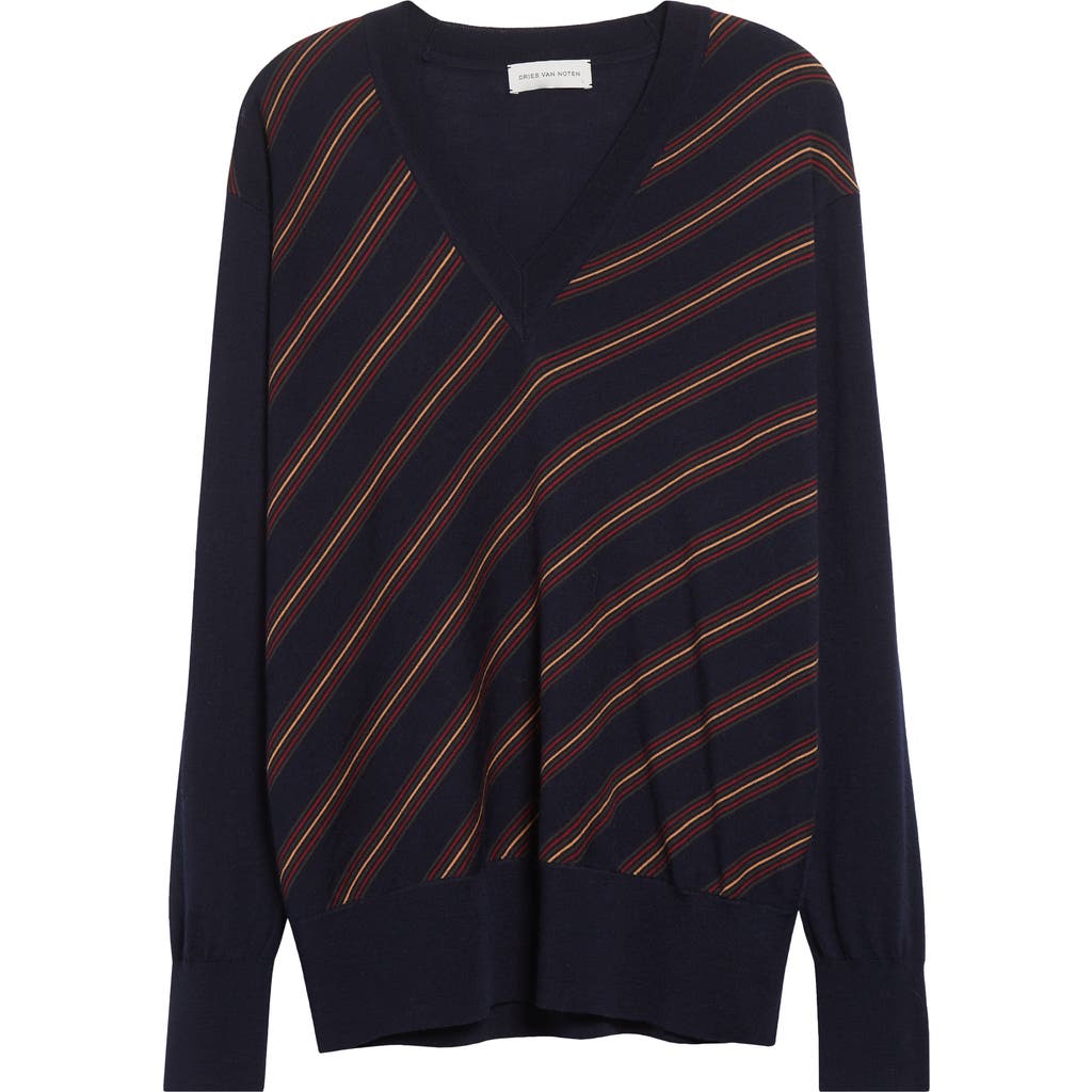Dries Van Noten Tishana Merino Wool V-neck Sweater In Blue