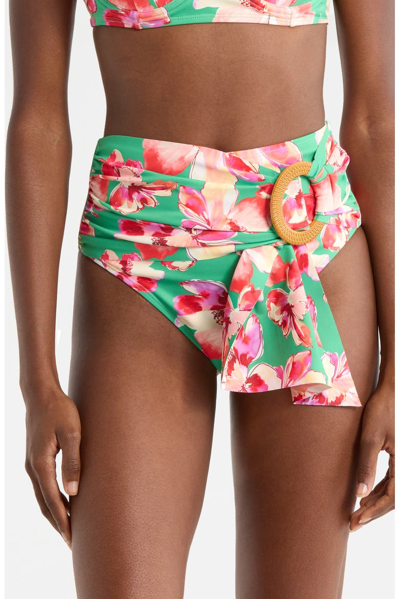 O-Ring High Waist Bikini Bottoms, Main, color, GREEN FLORAL