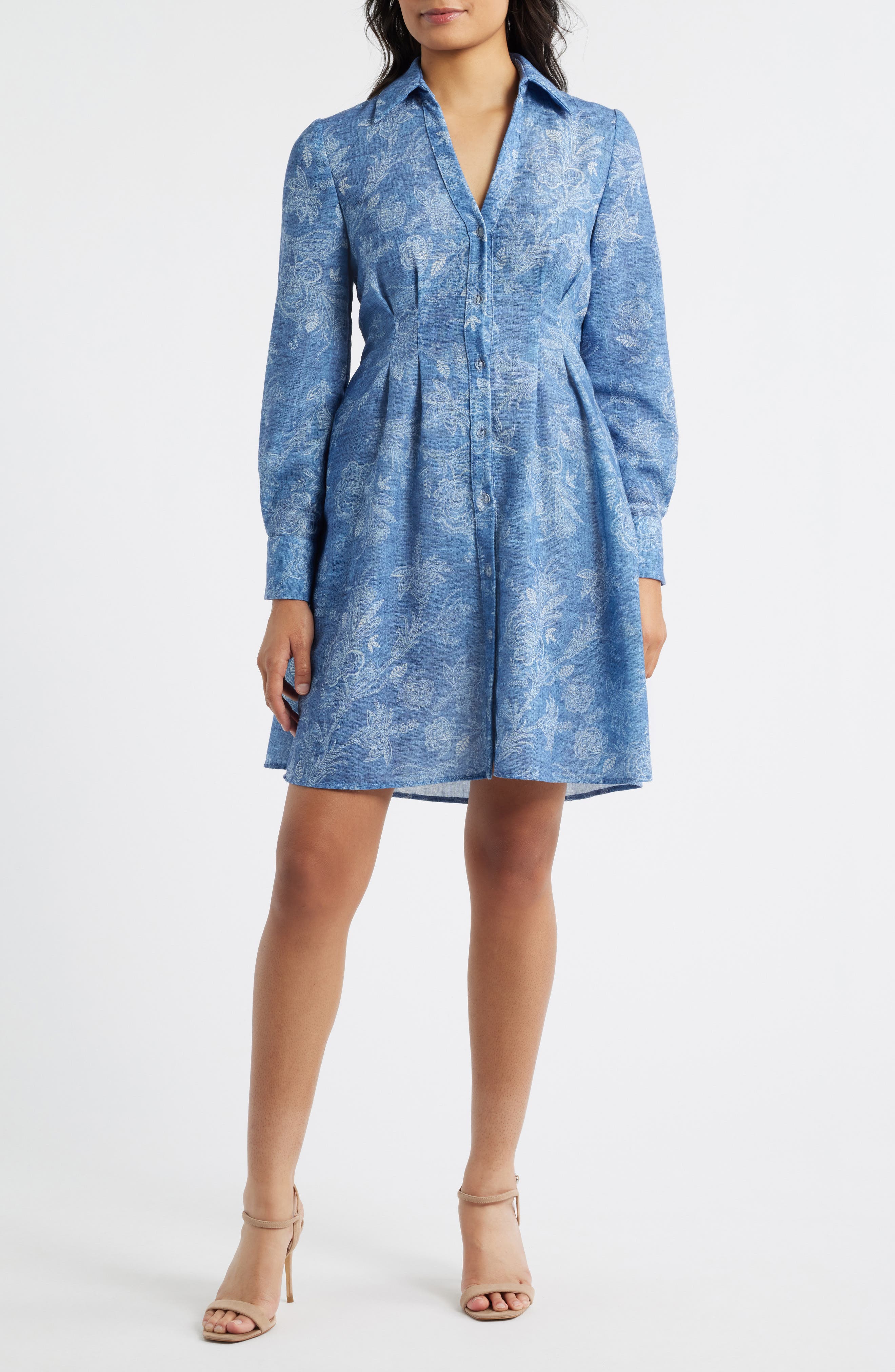 Floral Pleated Waist Long Sleeve Shirtdress