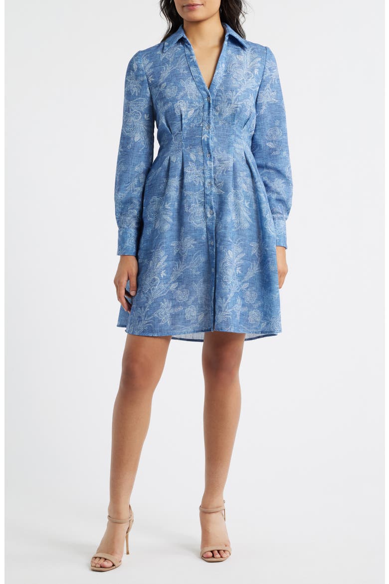 Floral Pleated Waist Long Sleeve Shirtdress, Main, color, BLUE