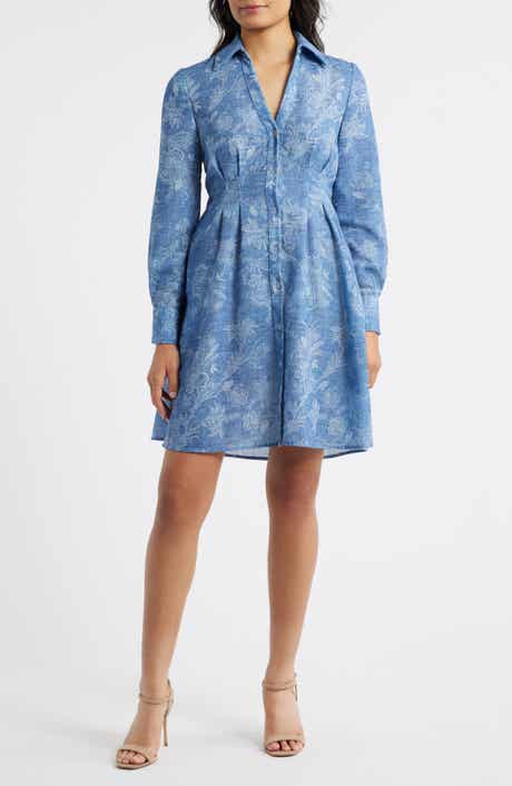 Floral Pleated Waist Long Sleeve Shirtdress
