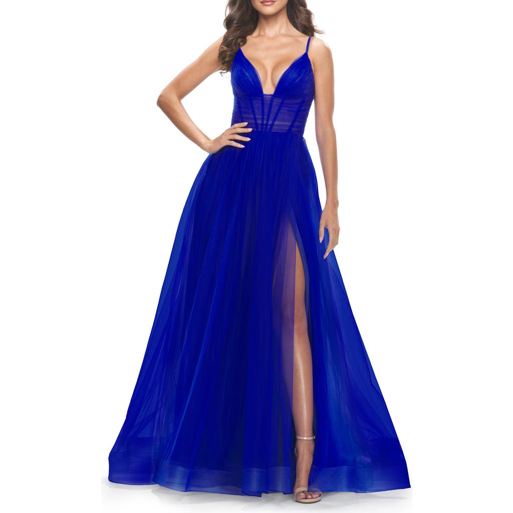 La Femme A-line Tulle Gown With Illusion Bodice And Boning In Royal Blue