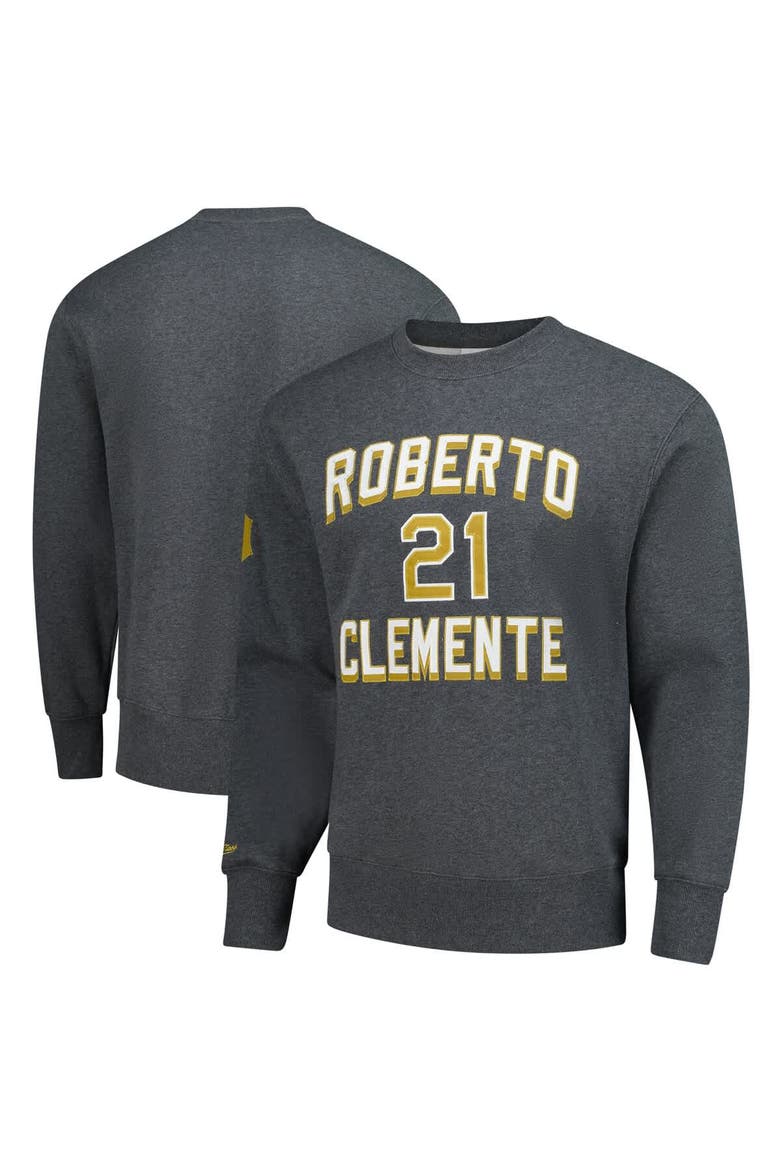 Men's Mitchell & Ness Roberto Clemente Heather Charcoal Pittsburgh Pirates Legends Collection Vintage Logo Name & Number Fleece Pullover Sweatshirt, Main, color, Heather Charcoal
